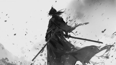 水墨国风武侠插画素材-黑白写实风剑客4k壁纸