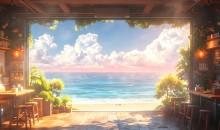 黄昏治愈系海边咖啡馆动漫壁纸 | 16:9宽屏氛围感背景素材