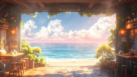 黄昏治愈系海边咖啡馆动漫壁纸 | 16:9宽屏氛围感背景素材
